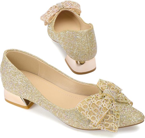 Womens Pumps Comfortable Ladies Dress Shoes Low Heel Pumps Rhinestones Bow - Image 3