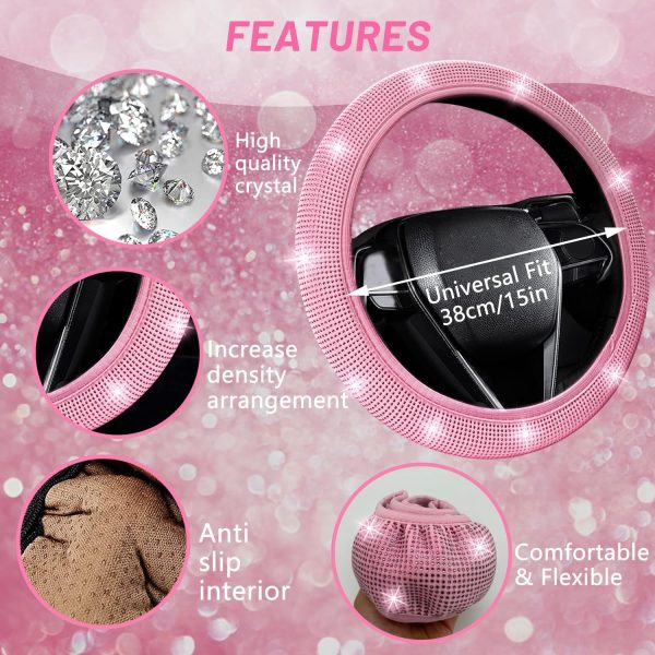 NBTEPEM 27 PCs Pink Bling Car Accessories Set for Women, Bling Steering - Image 3
