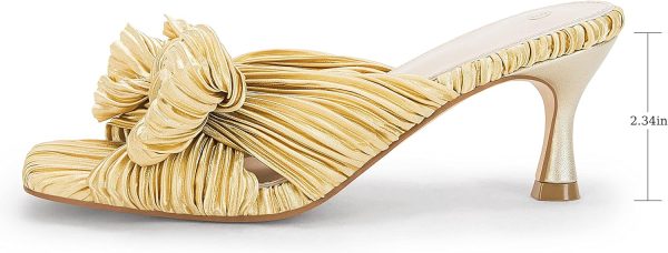 Coutgo Womens Bow Heeled Sandals Pleated Bowknot Heels Open Square Toe Cute - Image 4