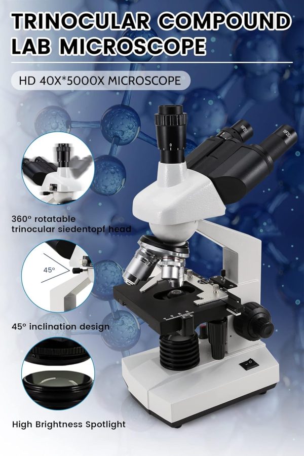 40X-5000X Compound trinocular Microscopes trinocular fo Adults, with 5.0 mp - Image 4
