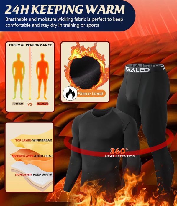 TELALEO 2 Set Mens Thermal Underwear Fleece Lined Long Johns 4 Pcs Base - Image 5