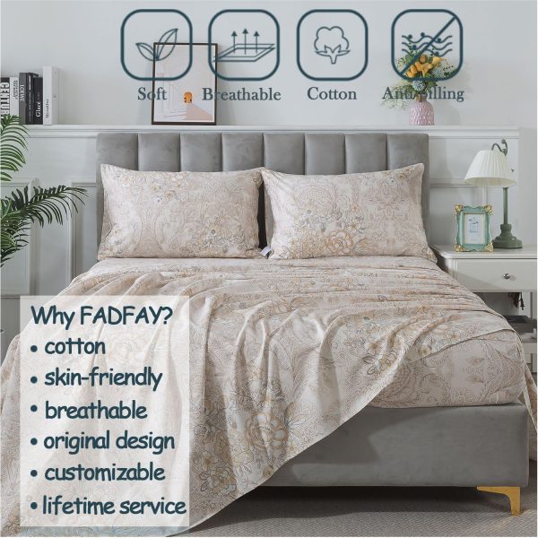 FADFAY King Sheets Set Percale Cotton Paisley Bed Sheets Deep Pocket Fitted - Image 3