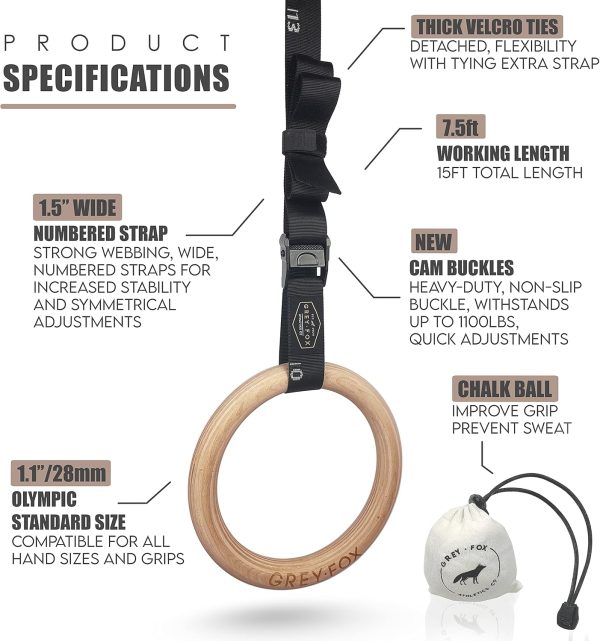 New Grey Fox Premium Numbered 1.1" Wooden Gymnastic Rings with Adjustable - Image 2