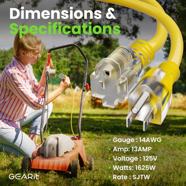 GEARit Outdoor 14 AWG Gauge 3 Prong Plug 100 Foot Extension Cord, Power - Image 6