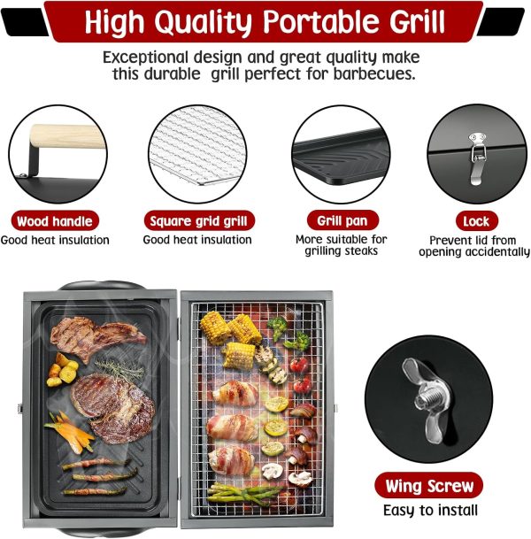 Portable Charcoal Grill, Small BBQ Grill with Smoker Double-Side Use - Image 3