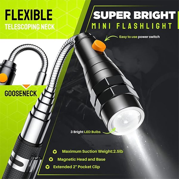 Telescoping Magnetic Pickup Tool Set-Extendable Magnet Flashlight with - Image 3