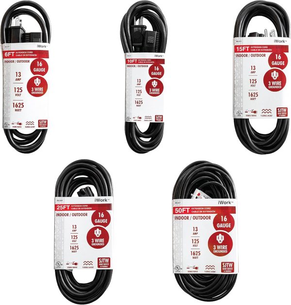 6ft Black Extension Cord, 16/3 SJTW Heavy-Duty, 3-Prong Grounded Plug, - Image 8