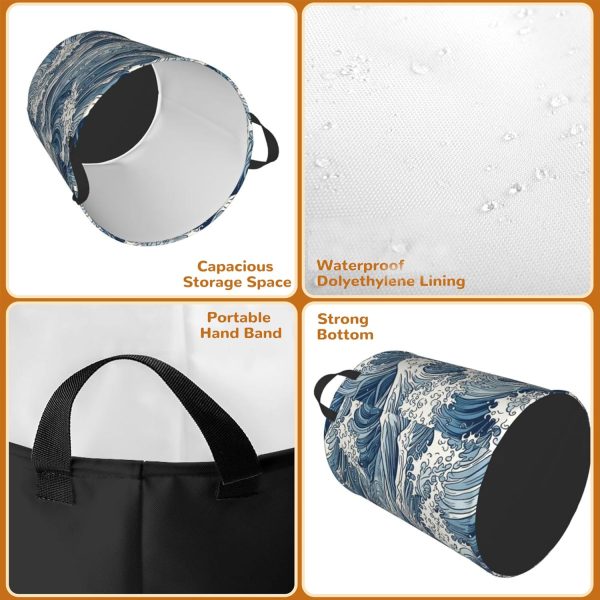 Japanese Waves Collapsible Laundry Basket,Abstract Sea Wave Bedroom - Image 5