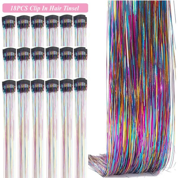 Hair Tinsel Kit Pack of 18 Pcs Hair Tinsel Clip in 19.6Inch Glitter Tinsel - Image 2
