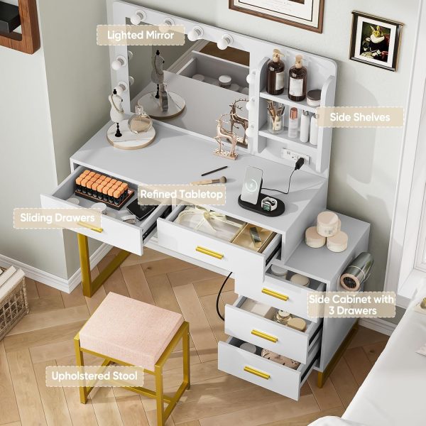 Makeup Vanity Desk with Lights, Vanity Desk with Power Outlet, 3 Lighting - Image 5