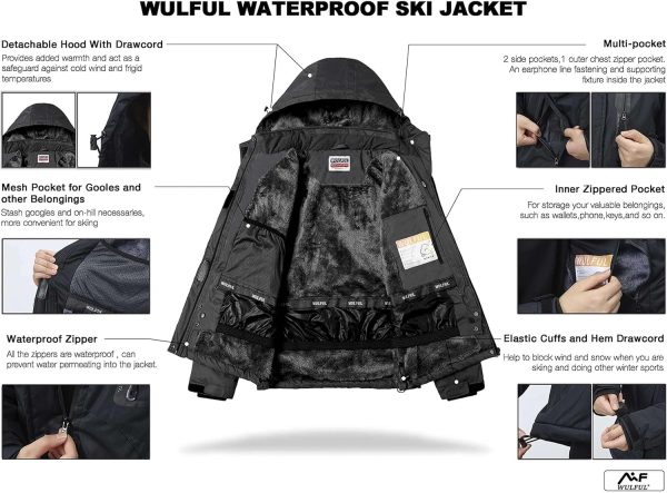 WULFUL Men's Waterproof Ski Jacket Warm Winter Snow Coat Mountain - Image 5