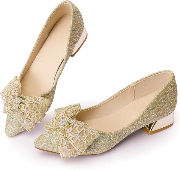 Womens Pumps Comfortable Ladies Dress Shoes Low Heel Pumps Rhinestones Bow - Image 2