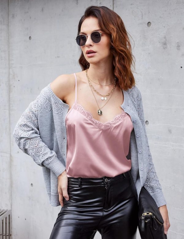 Ekouaer Women's 2 PCS Silk Satin Tank Top Lace Cami Spaghetti Strap Top V - Image 3
