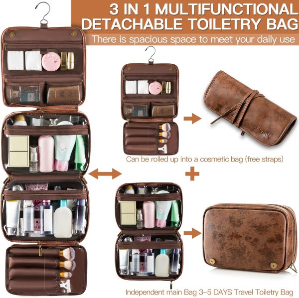 Elviros Hanging Toiletry Bag Removable Travel Bag PU leather Makeup - Image 2