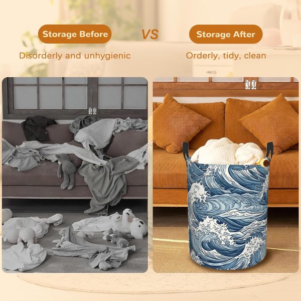 Japanese Waves Collapsible Laundry Basket,Abstract Sea Wave Bedroom - Image 4