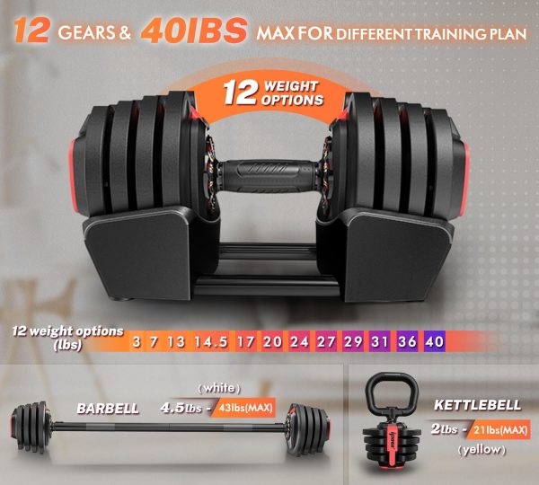 IPOW 3-in-1 Adjustable Dumbbell Set 40lbs with 12 Weight Increment, - Image 3