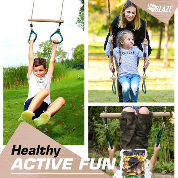 Wooden Trapeze Swing Bar for Kids - 18" Adjustable Height Monkey Bars Rings - Image 2
