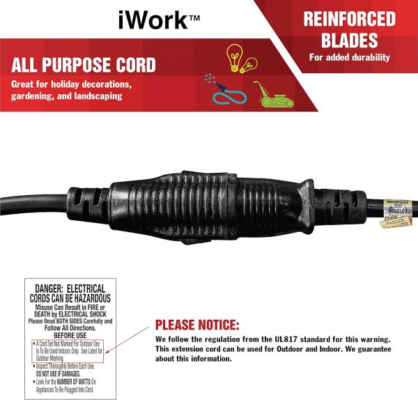 6ft Black Extension Cord, 16/3 SJTW Heavy-Duty, 3-Prong Grounded Plug, - Image 4