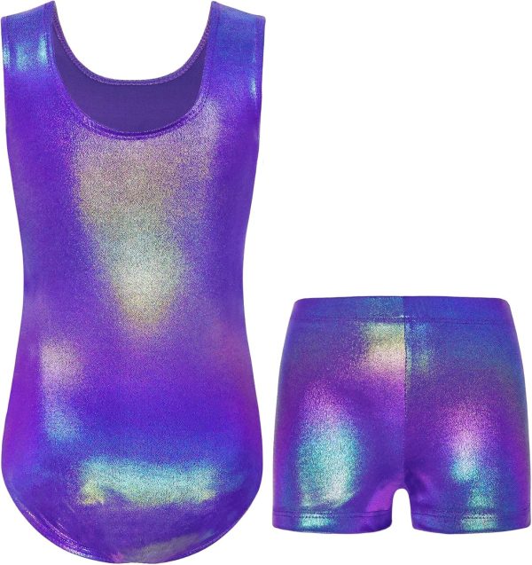 Nymphperi Girls Gymnastics Leotards 2 Piece Shiny Sleeveless Bodysuits with - Image 2