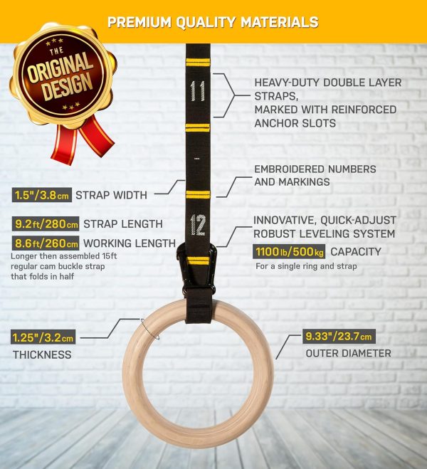 Double Circle Wood Gymnastics Rings with Quick Adjust Numbered Straps and - Image 5