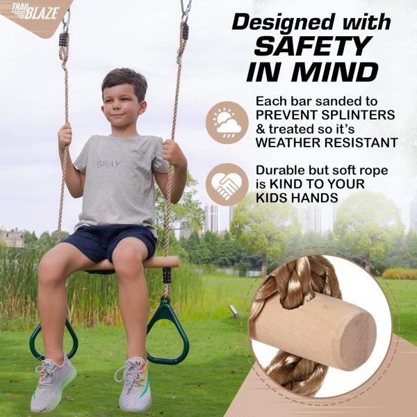 Wooden Trapeze Swing Bar for Kids - 18" Adjustable Height Monkey Bars Rings - Image 4