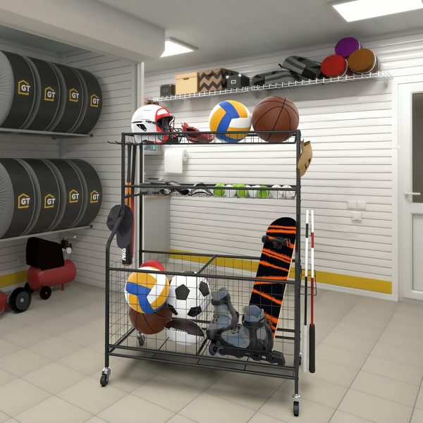 Garage Sports Equipment Organizer, Ball Storage Rack Indoor/Outdoor Rolling - Image 2