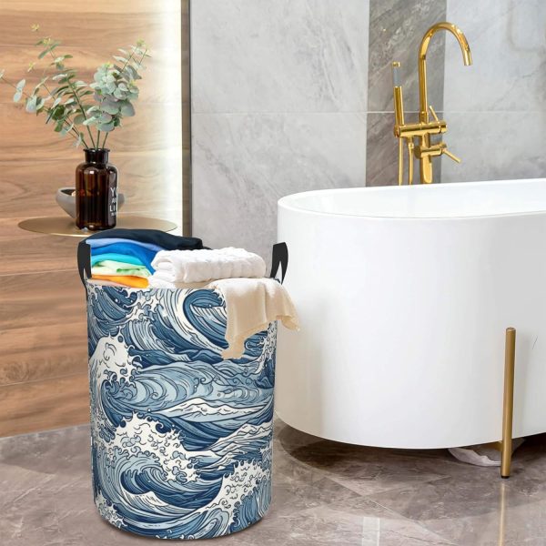 Japanese Waves Collapsible Laundry Basket,Abstract Sea Wave Bedroom - Image 6