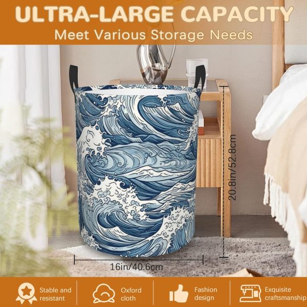 Japanese Waves Collapsible Laundry Basket,Abstract Sea Wave Bedroom - Image 2
