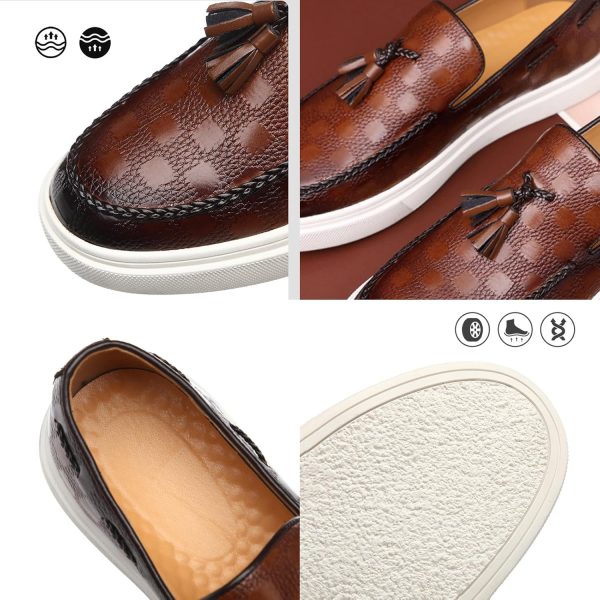 Zeberfi Men's Plaid Pattern Leather Slip On Tassel Loafers Fashion Round - Image 2