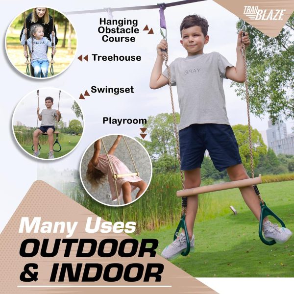Wooden Trapeze Swing Bar for Kids - 18" Adjustable Height Monkey Bars Rings - Image 3