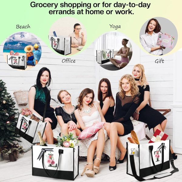 Can-vas Tote Bag for Women w Makeup Bag, Floral Ini-tial Personalized - Image 6
