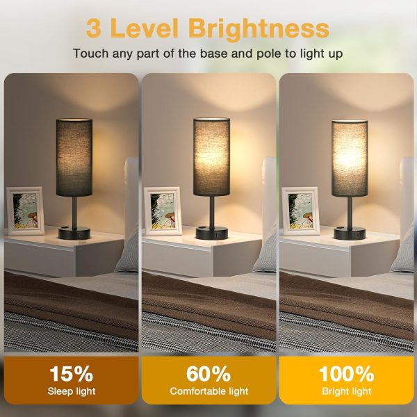 Black Touch Table Lamps Set - 3 Way Dimmable Bedroom Bedside Lamps Set of 2 - Image 2
