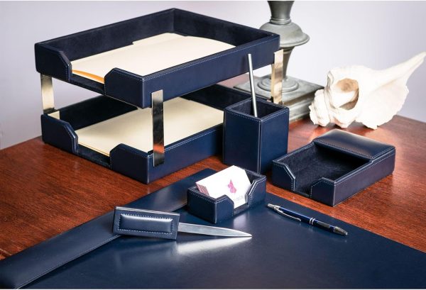 Dacasso Navy Blue Bonded Leather Luxury 9-Piece Desk Set - Blotter Pad & - Image 4