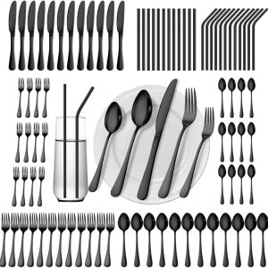 84 Pieces Black Silverware Set Service for 12 Flatware Set with Straws