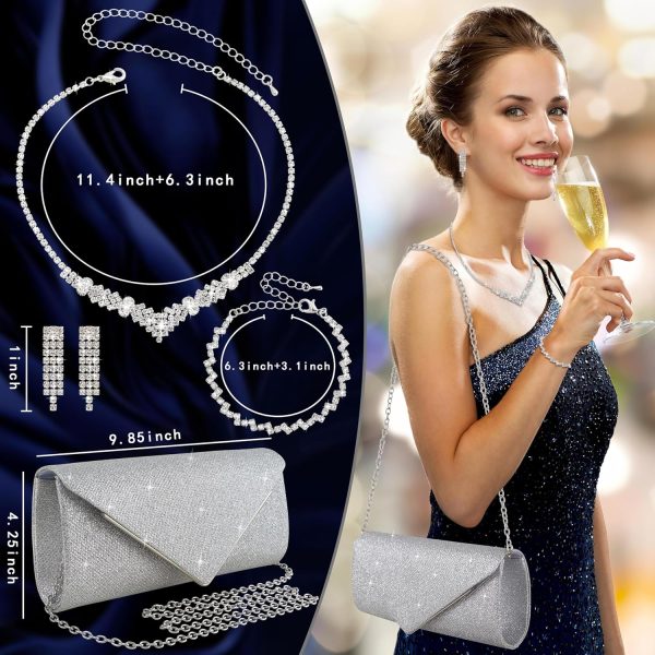 4Pcs Silver Clutch Bag Jewelry Set For Women Rhinestone Shiny Evening Purse - Image 2