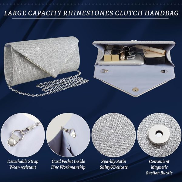 4Pcs Silver Clutch Bag Jewelry Set For Women Rhinestone Shiny Evening Purse - Image 3
