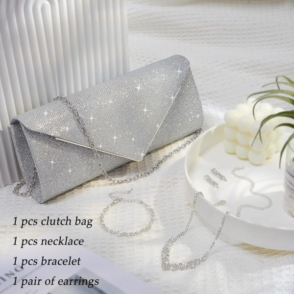 4Pcs Silver Clutch Bag Jewelry Set For Women Rhinestone Shiny Evening Purse - Image 4