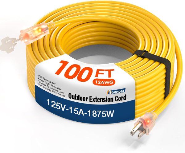 BBOUNDER 100 FT Outdoor Extension Cord Waterproof, 12/3 SJTW Heavy Duty 15A