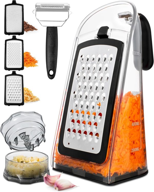 Cheese Grater with Garlic Crusher - Box Grater Cheese Shredder - Cheese