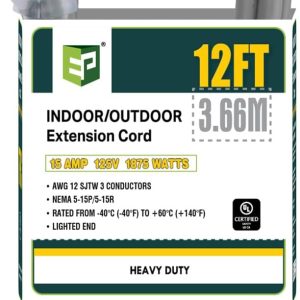 EP 12 Ft Lighted Outdoor Extension Cord - 12/3 SJTW Heavy Duty Grey