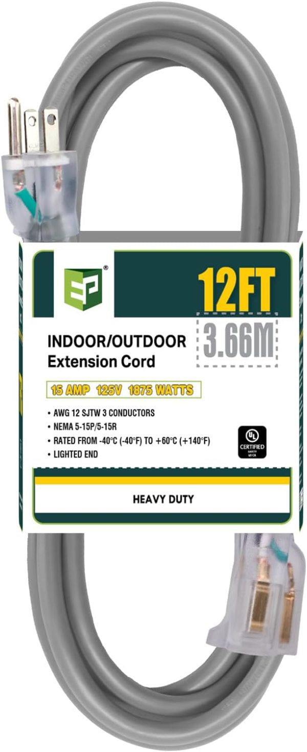 EP 12 Ft Lighted Outdoor Extension Cord - 12/3 SJTW Heavy Duty Grey