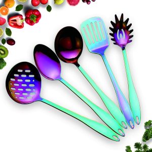 HOMQUEN Stainless Steel Kitchen Utensil Set - 5 Cooking Utensils, Rainbow