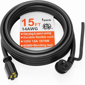 HUANCHAIN 14 Gauge 15 FT Flat Plug Extension Cord Black Indoor Outdoor,