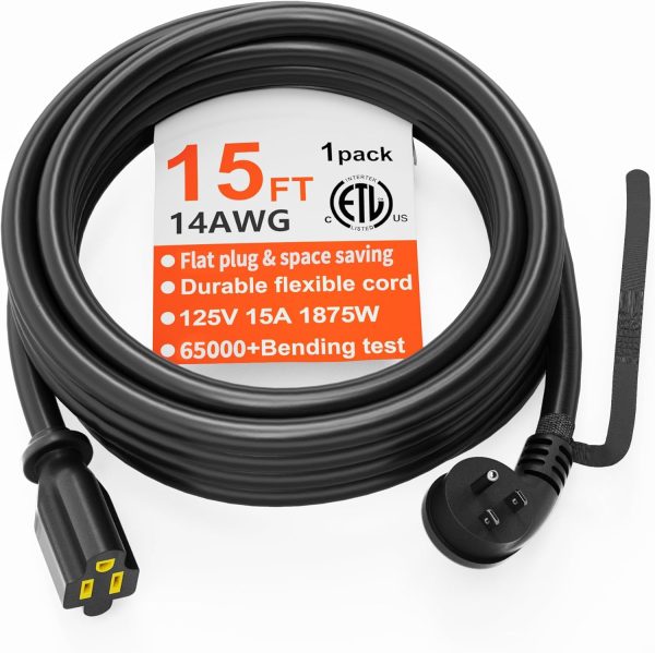 HUANCHAIN 14 Gauge 15 FT Flat Plug Extension Cord Black Indoor Outdoor,