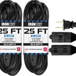 Iron Forge Cable 25 Ft Black Extension Cord 2 Prong with 3 Outlets, 2 Pack,