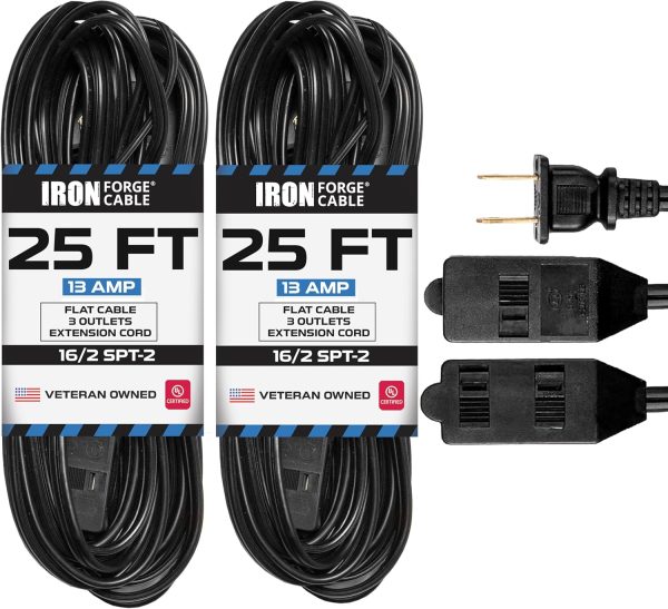 Iron Forge Cable 25 Ft Black Extension Cord 2 Prong with 3 Outlets, 2 Pack,