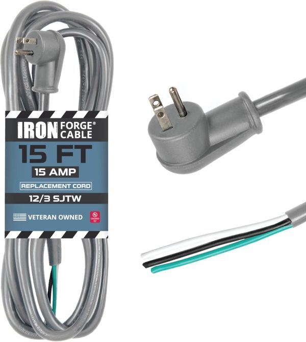Iron Forge Cable Flat Plug Replacement Power Cable with Open End - 12/3 15