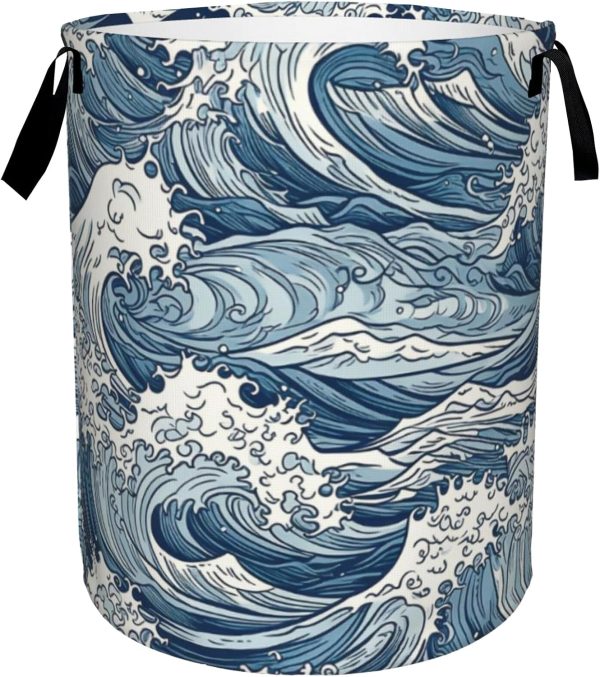 Japanese Waves Collapsible Laundry Basket,Abstract Sea Wave Bedroom