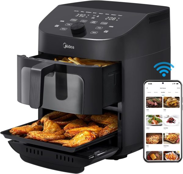 Midea Dual Basket Air Fryer Oven 11 Quart 8 in 1 Functions, Clear Window,