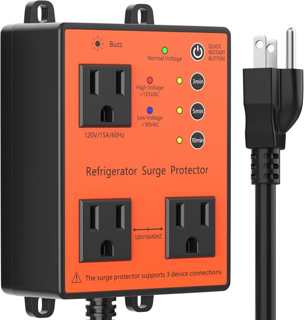 Refrigerator Surge Protector, 3-Outlet 120V for Home Appliance, Time Delay,